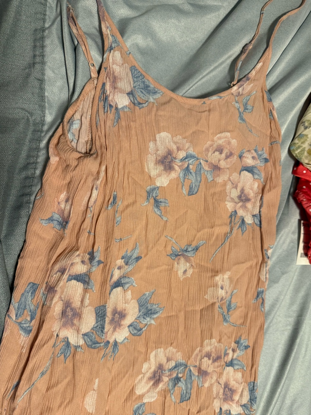 Blush Peach Floral Midi Dress with Blue Floral Print